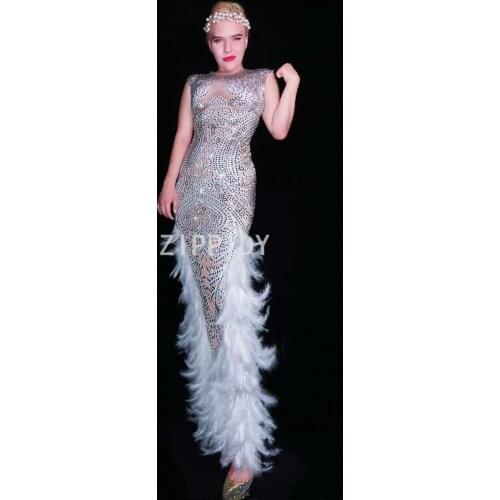 2019 Silver Full Rhinestones Feather Dress Bar Birthday Celebrate Outfit Women Singer Dancer DS Dress Prom Show Long Dress