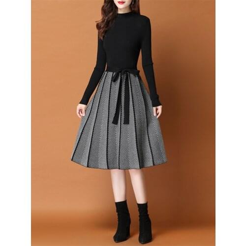 Elegant High Collar Pleated Bandage Knit Dress Womens Patchwork Thick Warm Striped Office Ladies Sashes Pullover Sweater Dress