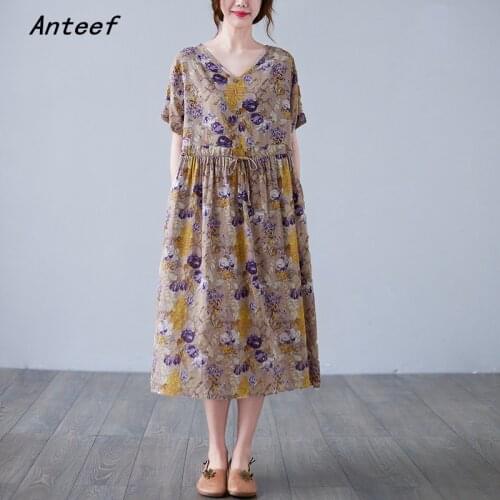 Anteef short sleeve cotton vintage floral dresses for women casual loose long woman summer dress elegant clothes 2021