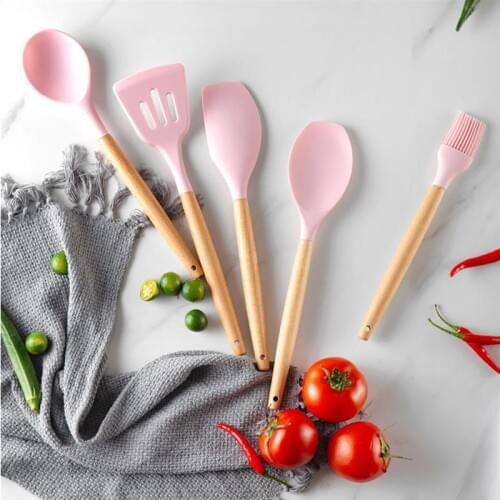 Kapmore 1pc Silicone Cooking Utensil Non-Stick Flexible Wooden Handle Cooking Utensil Kitchen Cooking Tools Accessories