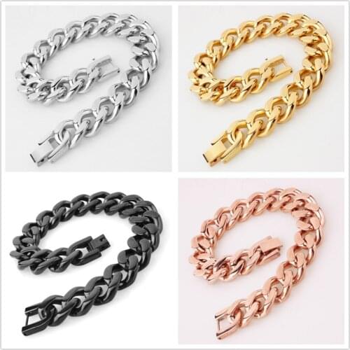 15mm Fashion Jewelry Stainless Steel Silver Color Rose Gold Black Cuban Curb Chain Mens Womens Bracelet Bangle New Design 7"-11"
