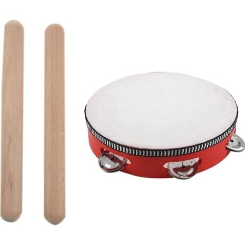 2 Pcs Percussion Rhythm Sticks Children Musical Toy Gift & 1 Pcs 8 Inch Musical Tambourine Drum Round Percussion Gift
