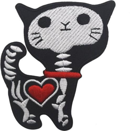 Applique Embroidered Sew Iron on Patch Badge Shock Skeleton Skull X-ray Cat Kitty Funny Cartoon DIY