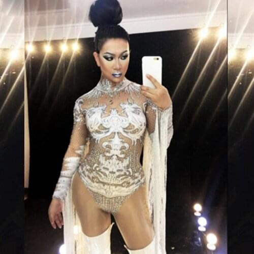 Tassels White crystals bodysuit female costumes nightclub bar sexy Jumpsuits rhinestones outfit performance singer DJ show