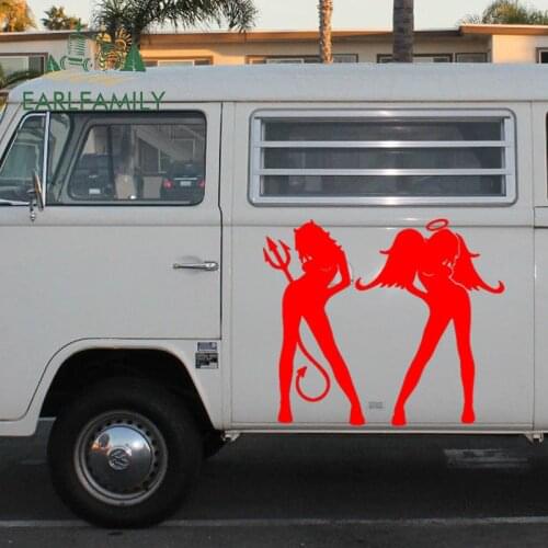 EARLFAMILY 2x Devil Naked Girl Show Good Angels Evil Full of Sexy Car Sticker Truck SUV Door Side Window Vinyl Decal 9 Colors