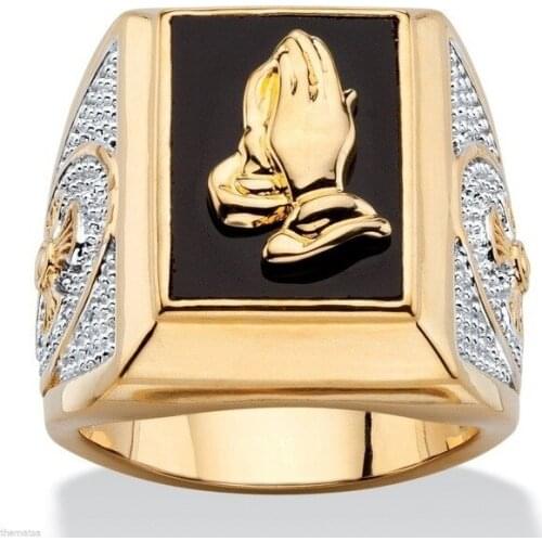 Classic Gold Plated Praying Hands Ring Crystal Zircon Ring Church Belief Jewelry Hip Hop Punk Biker Party Ring Men Jewelry