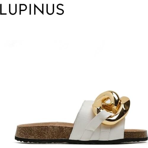 LUPINUS Fashion Gold Chain Design Women Sandals 2021 New Summer Flat Women Beach Sandals Retro Wooden Sole Women Casual Shoe