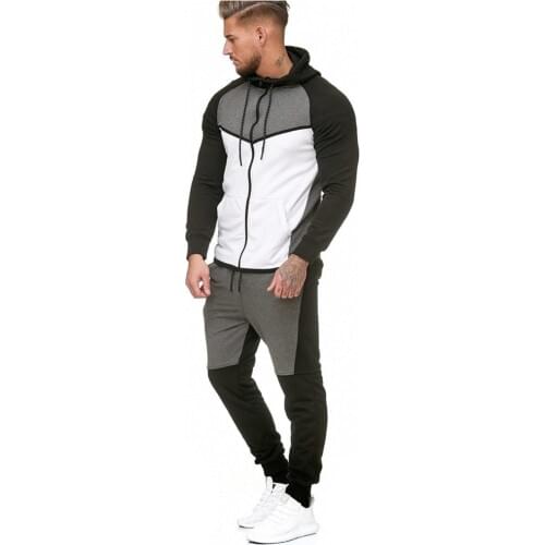 Men Autumn Winter Sports Suit Thickening Fleece Hooded Running Suit Outdoor Windproof Leisure Sports Set Splice Style