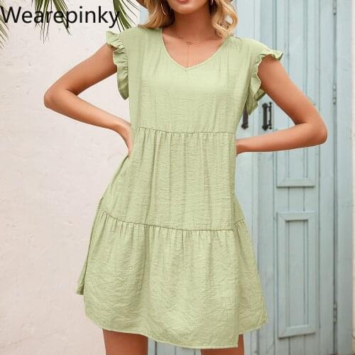 Solid Ruffle Mini Dresses for Women 2021 V Neck Sleeveless Loose-fitting Short Dress Preppy Style Summer Dress Vestidos