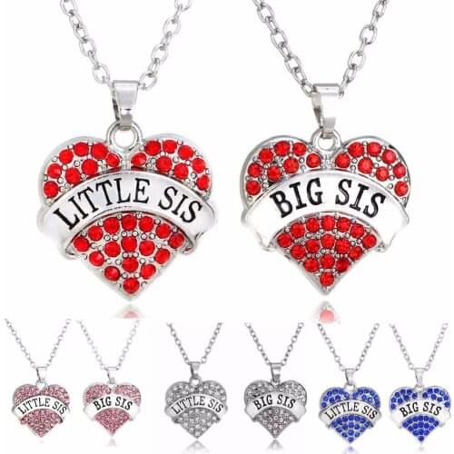 2PC/Set Big Little Sis Sister Necklaces Gift For Family Women Girl Best Friend Crystal Love Heart Pendant Chain Necklace Jewelry