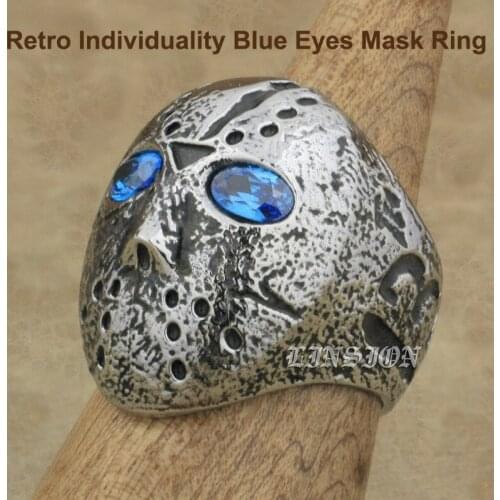 Punk Retro Fashion Solid 316L Stainless Steel Cool Knight Individuality Blue Eyes Halloween Jason Mask Hockey Ring R119