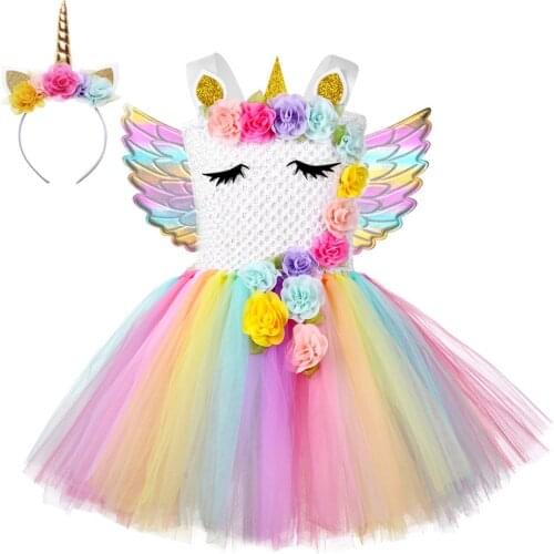Sequin Dresses Flower Unicorn Costume with Wings for Girls Pageant Princess Tutu Party Dress for New Year