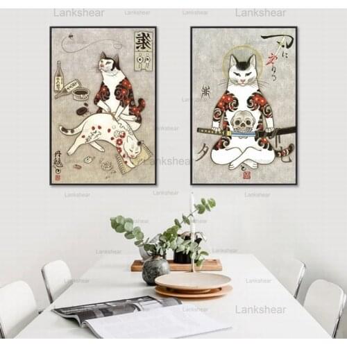Samurai Cat Japanese Style Cool Cat Canvas Painting Decoration Poster Pot Shop Restaurant Wall Art Pictures Living Room Decor