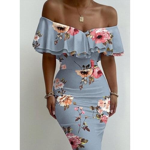 Shein Romwe Y2K Sexy Floral Print Off Shoulder A Line Midi Ruffles Skinny Club Party Wear Bodycon Solid Vestidos Women Dress