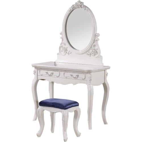 Bedroom home furniture dresser table with 2 drawers mirror and stool neoclassical style KD packaged wooden carved materials