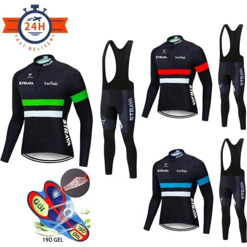2020 STRAVA Pro Cycling Jersey Set Long Sleeve Mountain Bike Cycling Clothing Breathable MTB Bicycle Clothes Mans Wear Suit