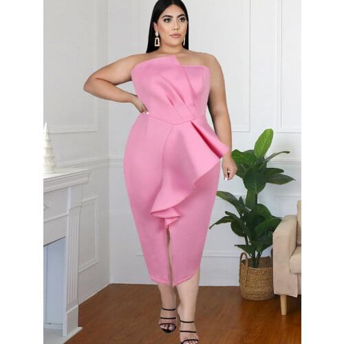 Evening Party Dresses Plus Size Bare Shoulder Women Sexy Bodycon Slit Ruffles Tube Top Midi Cocktail African Gowns Dropshipping