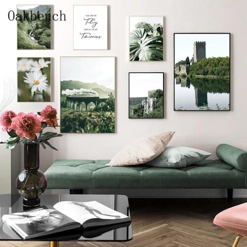 Green Mountain Landscape Canvas Painting Lake Print Monstera Flower Wall Poster Nordic Wall Pictures For Living Room Decor