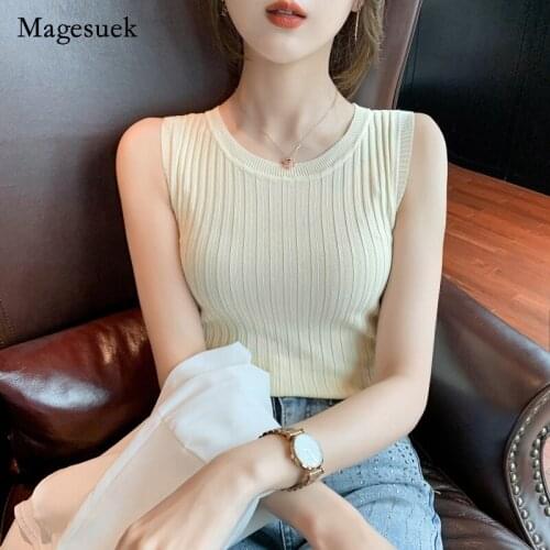 Sweet 2021 Summer Women Fashion Blouse Solid Knitted Sleeveless T-shirt Vest Simple Casual O-neck Office Lady Orange Blusa 15639