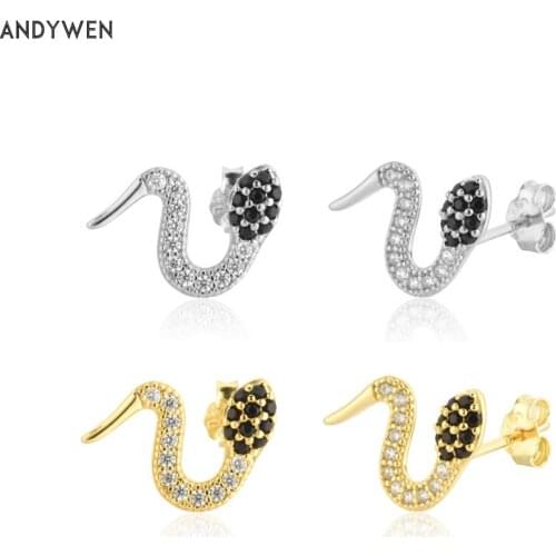 ANDYWEN 925 Sterling Silver Black Zircon Snake Stud Earring Women Fashion Fine Jewelry 2020 Valentiens Jewels Gift Clips