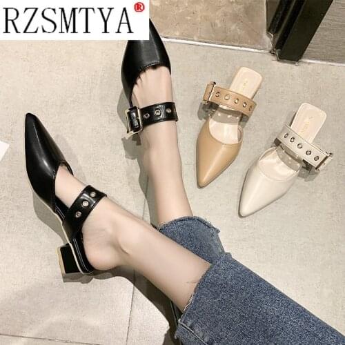 Women Slippers Casual Low Heels Shoes 2021 Spring Summer PU Leather Pointed Shoes Women New Soft Designer Slippers Zapatos Mujer