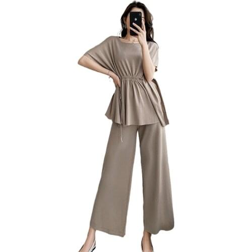 Spring Summer Korean Women Matching Sets Batwing Sleeve Casual Tops + Loose Wide Leg Pants Sets Female Two Piece Suits T8530