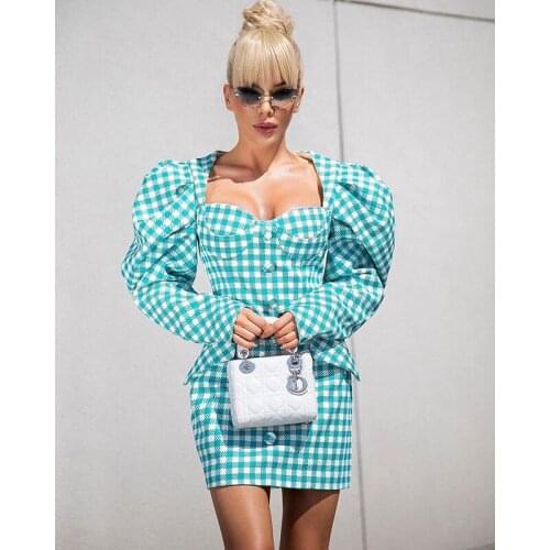 2021 Fall Winter Green Plaid Puff Long Sleeve Casual Bodycon Women Vintage Dress High Street Fashion Ladies Mini Club Robe 90102