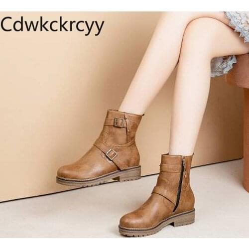 Winter The New fashion Round head Thick bottom Martin boots student Handsome Plus velvet Keep warm High heel Women boots 34-44