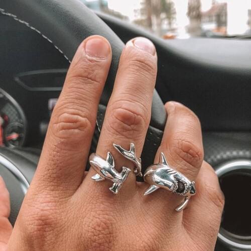 2 Pcs/set Punk Personality Shark Opening Silver Color Ring Women Charm Party Jewelry Christmas Gifts