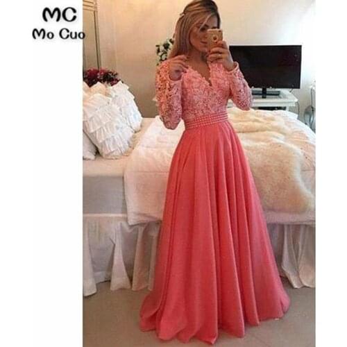 2021 Coral Evening Dress A Line Lace Top Long Sleeves Floor Length Elegant Plus Size Evening Prom Party Gowns