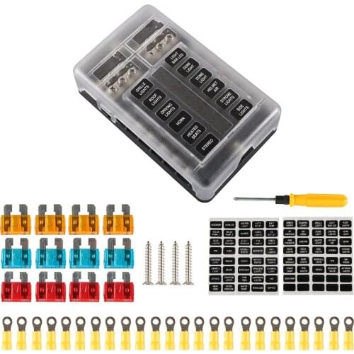 New A5631 12 Way Blade Fuse Block Box Holder Kit with Negative Bus + Tool + 5A 10A 15A Fuses for Car Marine Boat RV Truck 32V