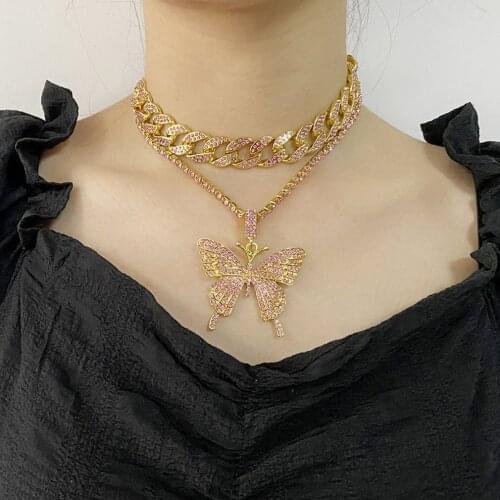 Statment Big Butterfly Pendant Necklace Rhinestone Chain For Women Bling Tennis Chain Crystal Choker Necklace Jewelry