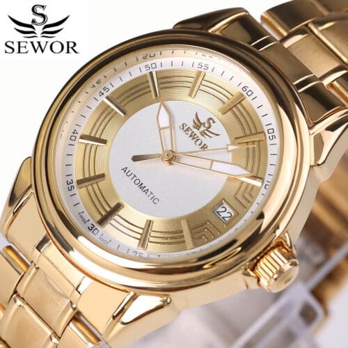Sewor Watch Men Luxury Gold Watches Full Steel Auto Date Automatic Mechanical Wristwatches Men Fashion Business Watches Clock