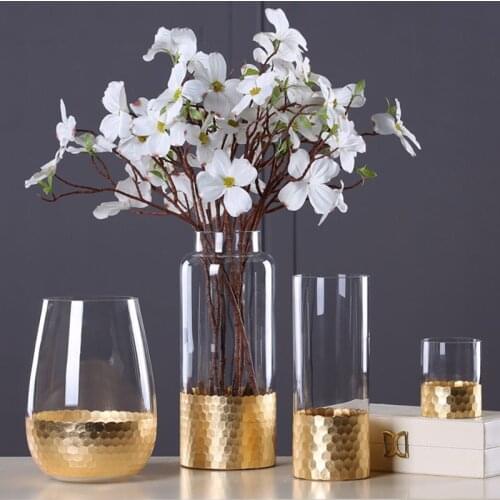 Elegant Glass Flower Vase with Gold Foil Figurines Home Living Room Decor Gold Tabletop Plant Vase Crafts Wedding Gifts