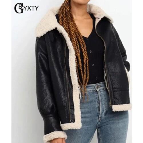 GBYXTY 2021 Winter Thick Faux Lambswool PU Leather Jacket Women Warm Loose Oversized Faux Leather Jacket Parka Coat ZA2545