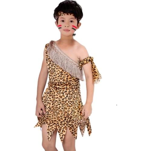 Children Boy Savage Caveman Costumes Boy Leopard African Tribal Hunter Clothing For Girl Performance Costumes Cosplay Dress