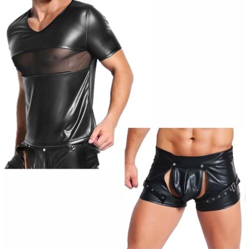 Mens Clothes Set Mens Undershirts PU Leather T Shirts & Shorts Sexy WetLook Fitness Slim Tops Men Underwear Stage Dance Clubwear