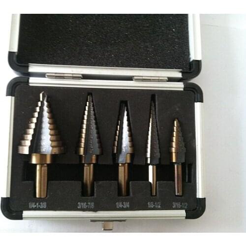 5pcs Step Drill Bit Set Hss Cobalt Multiple Hole 50 Sizes SAE Step Drills 1/4-1-3/8 3/16-7/8 1/4-3/4 1/8-1/2 3/16-1/2 Drill Bits