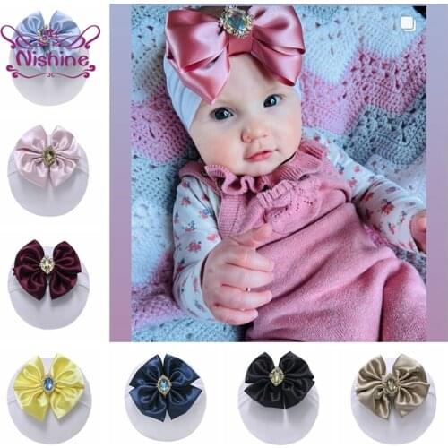 Nishine Solid Color Satin Bowknot Infant Headband with Rhinestone Baby Soft Comfortable Elastic Nylon Hairband Kids Accessories