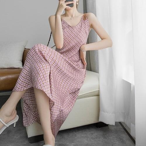 Korobov 2021 New Plaid Women Dress Korean V Neck Spaghetti Strap Dresses Sweet Chic Hit Color Patchwork Vestidos Femme