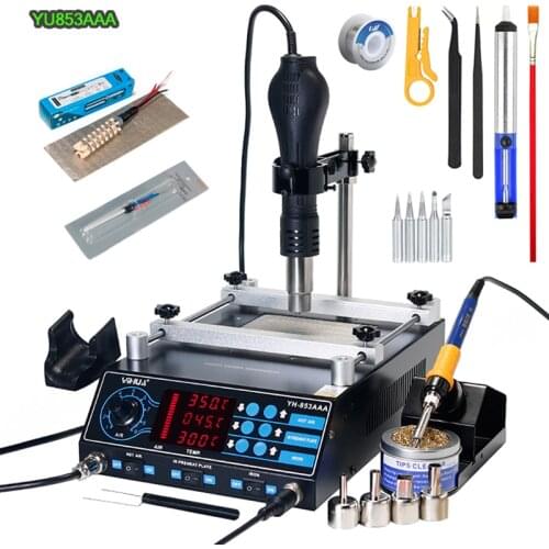 YIHUA853AAA soldering station 110/220v 3 in1 hot air gun soldering iron removal tool set digital display BGA repair welding rewo