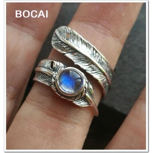 Blue light rainbow moonlight, 5.5mm round exquisite feathers 925 sterling silver ring ring