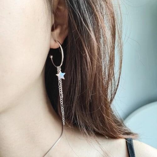 Unique 925 Sterling Silver Semi Round Cirlce Piercing Earrings for Women with Long Chain Tassel Drop Earring Star Charm Earrings