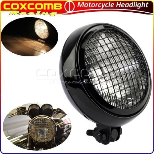Universal Motorcycle Amber Lens Mesh Grill Guard Headlamp Vintage Style 5.75'' Headlight For Chopper Cafe Racer Chrome Scrambler