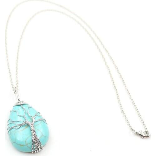 Green Turquoises Stone Water Drop Silver Plated Wire Wrap Pendant Tree of Life Necklace Link Chain Rock Crystal Jewelry