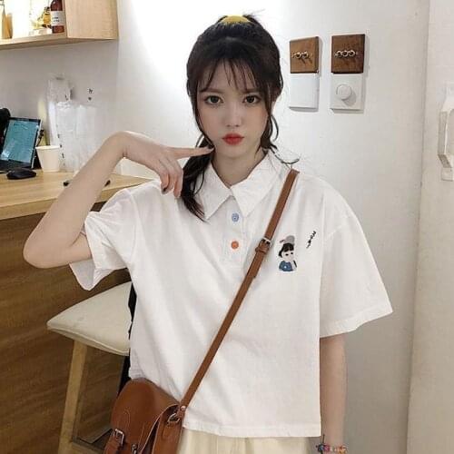 Summer Korean Short Embroidered Lapel College Style Polo Shirt Short Sleeve T-Shirt Female Ins Tide Loose Top