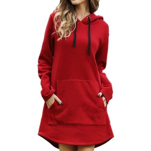 Women Loose Long Hoodie Solid Red Sweatshirt Hoodies Fashion Casual Autumn Pocket Drawstring Long Sleeve Sweatshirt Dress Female
