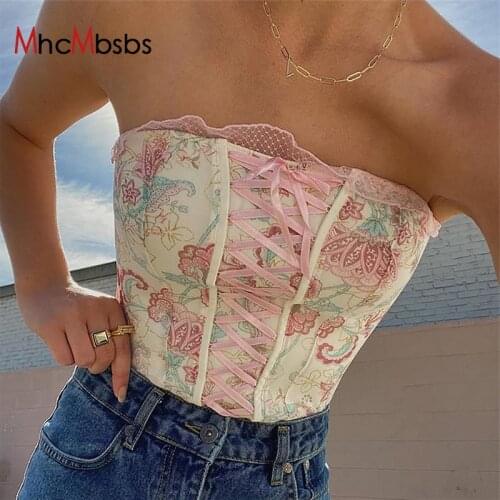 Pink Printing Tops Women Sexy Off Shoulder Lace Patchwork Ruffles Basic 2021 Summer Bandage Streetwear Strapless Elegant Bandeau