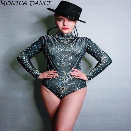 Women Sexy Black Silver Rhinestones Long Sleeves Bodysuit Singer Outfit Stage Wear Birthday Celebrate Bar Nightclub Dance Outfit