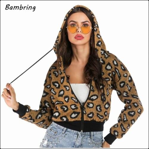 Women Leopard Print Hooded Knitted Cardigan Spring Casual Short Sweater Coat Lady Fashion Long Sleeve Warm Jacket Autumn Tops